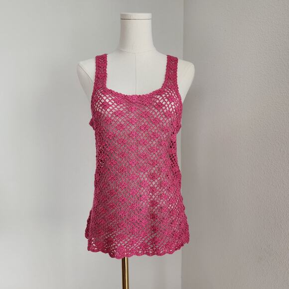 Vintage Handmade Hot Pink Crochet Knit Tank Top S - Picture 1 of 8